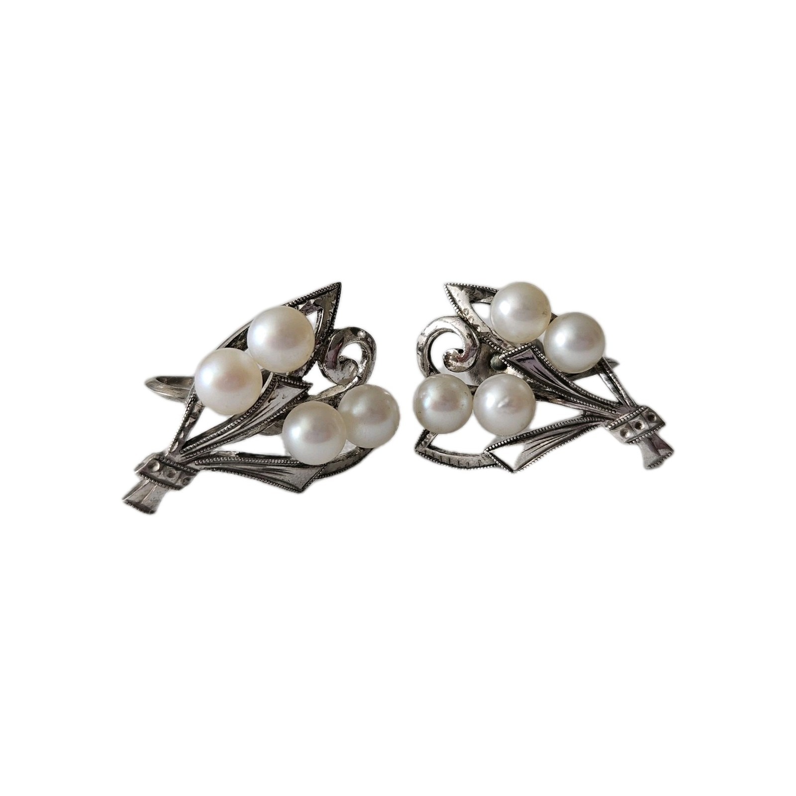 Vtg Mikimoto Art Nouveau Screwback Silver & Pearl Bouquet Earrings